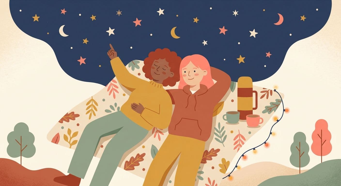 Couple observant les étoiles allongé sur une couverture la nuit